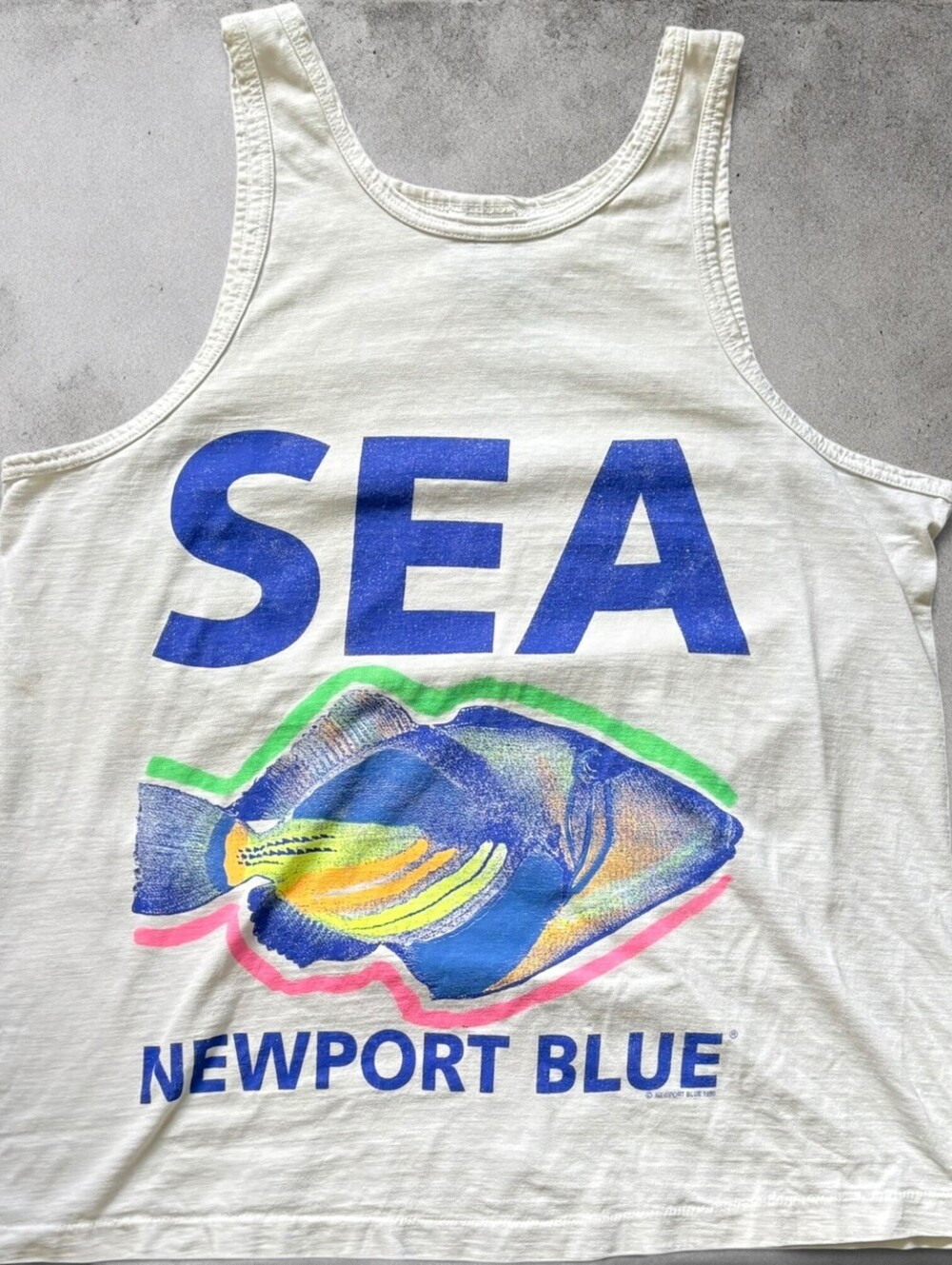 Vintage 90s Newport Blue Seat Fish Graphic Tank Top Sleeveless Shirt Size Large